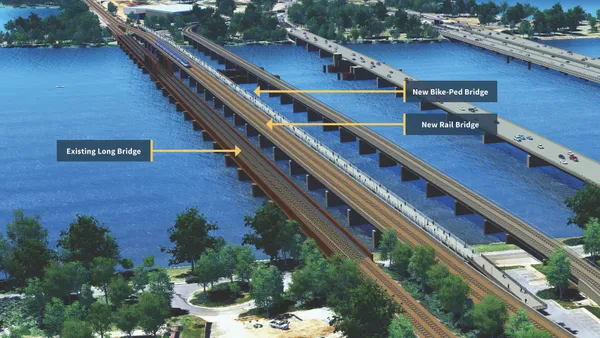 Rendering shows rail and pedestrian bridges spanning a body of water.