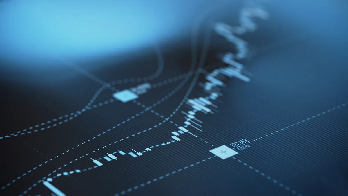 A financial chart indicating a rising monetary number, set across a blue background.
