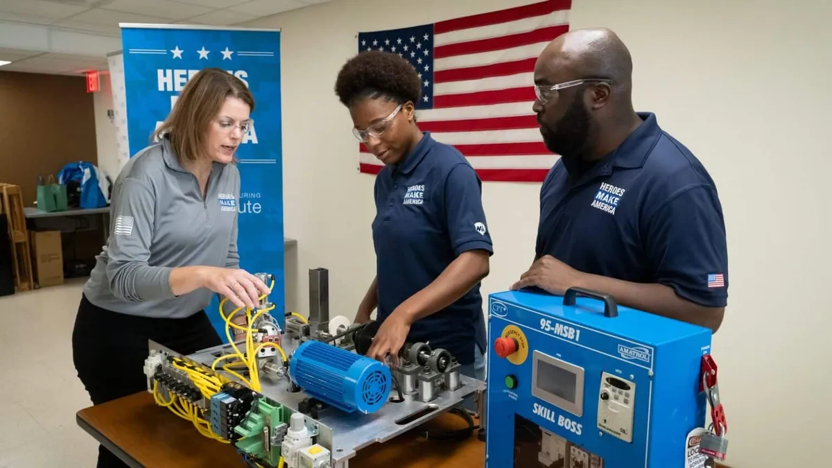 Three people wearing dark blue and gray polos and goggles working on a device.