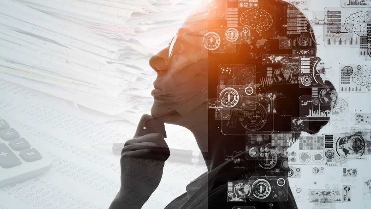 A person on a laptop and digital images popping out from the screen that are AI invoices