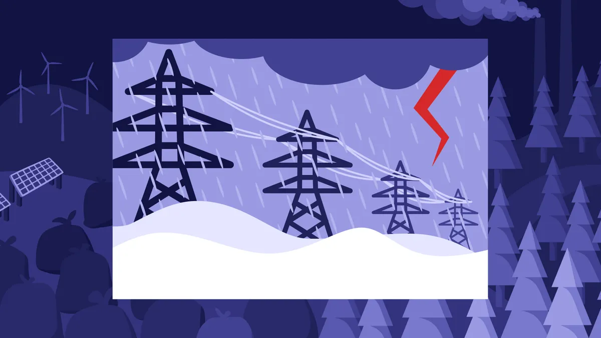 For Utility Dive climate project, illustration with transmission lines in a storm