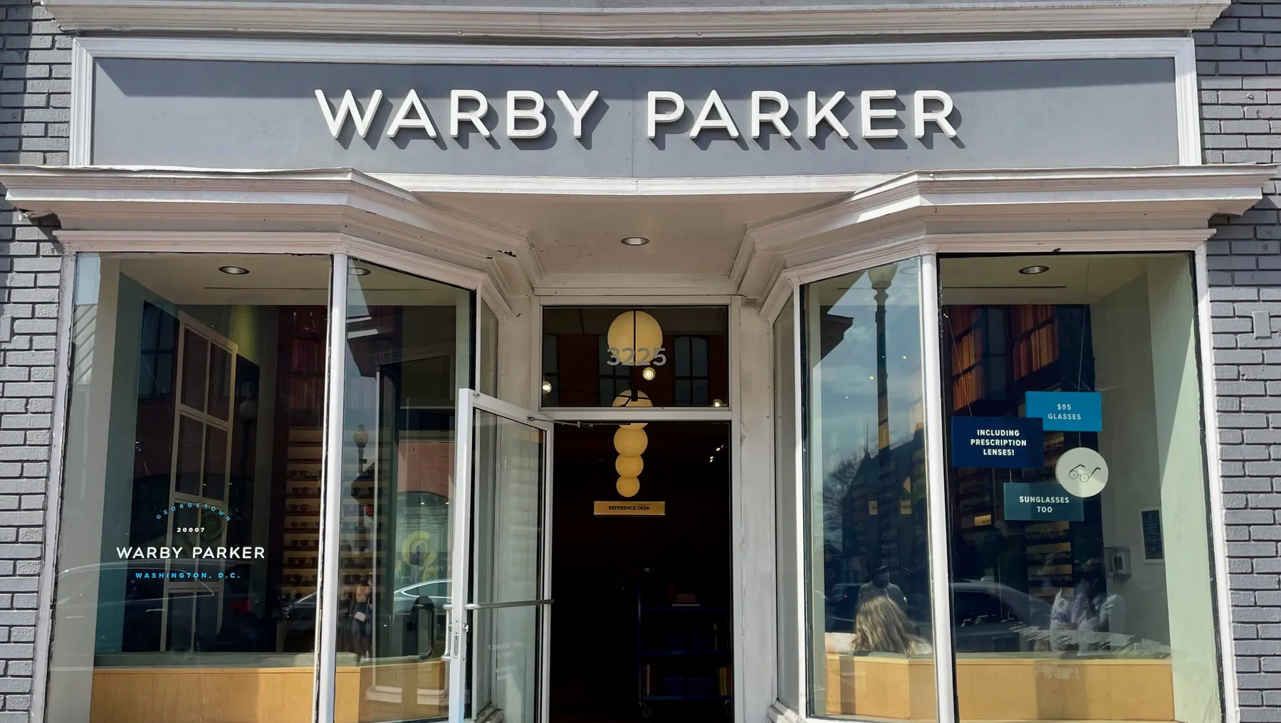 Exterior of a Warby Parker store in Washington, D.C.'s Georgetown neighborhood