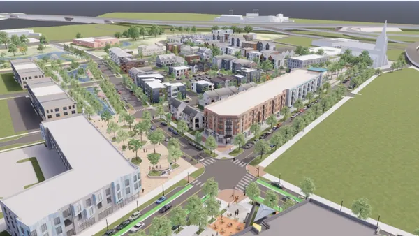A rendering of a planned neighborhood filled with housing, green space and walkable areas.