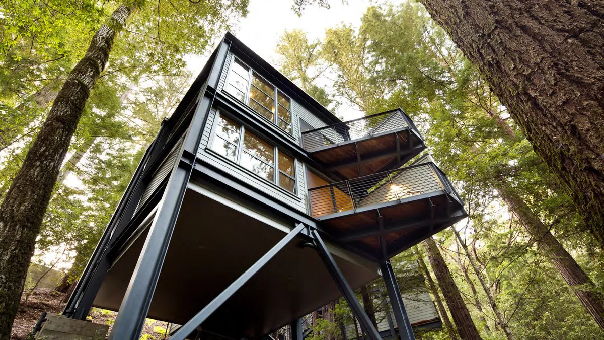 A black-framed treehouse-style building among the trees as seen from below.