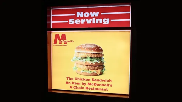 An image of a chicken big mac sold by a McDonald's duplicate set up by the chain to promote the sandwich