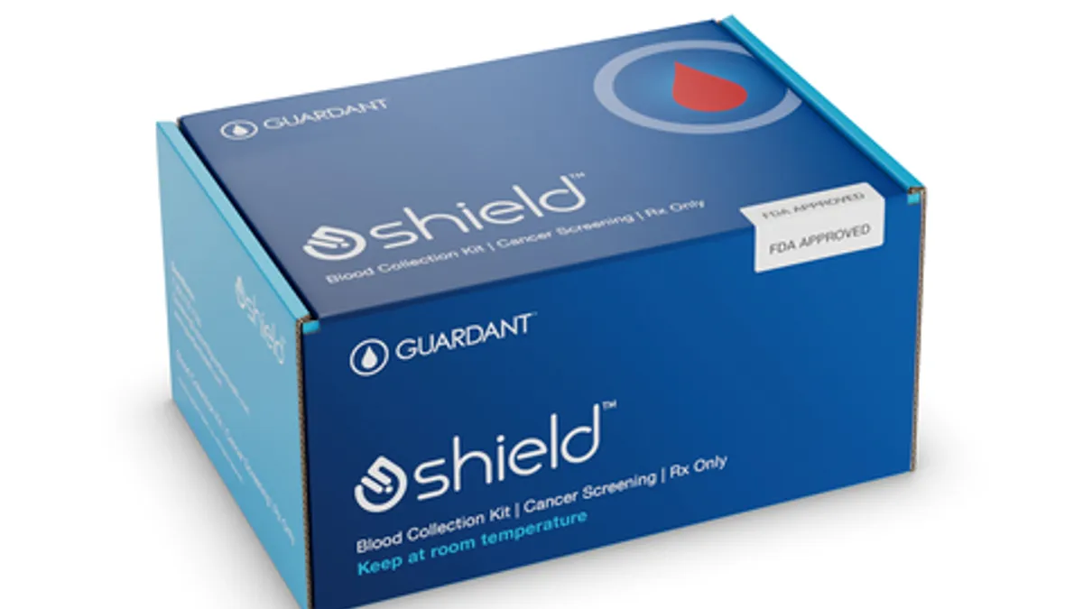 Guardant's Shield blood test for colorectal cancer is pictured in a blue box against a white background.