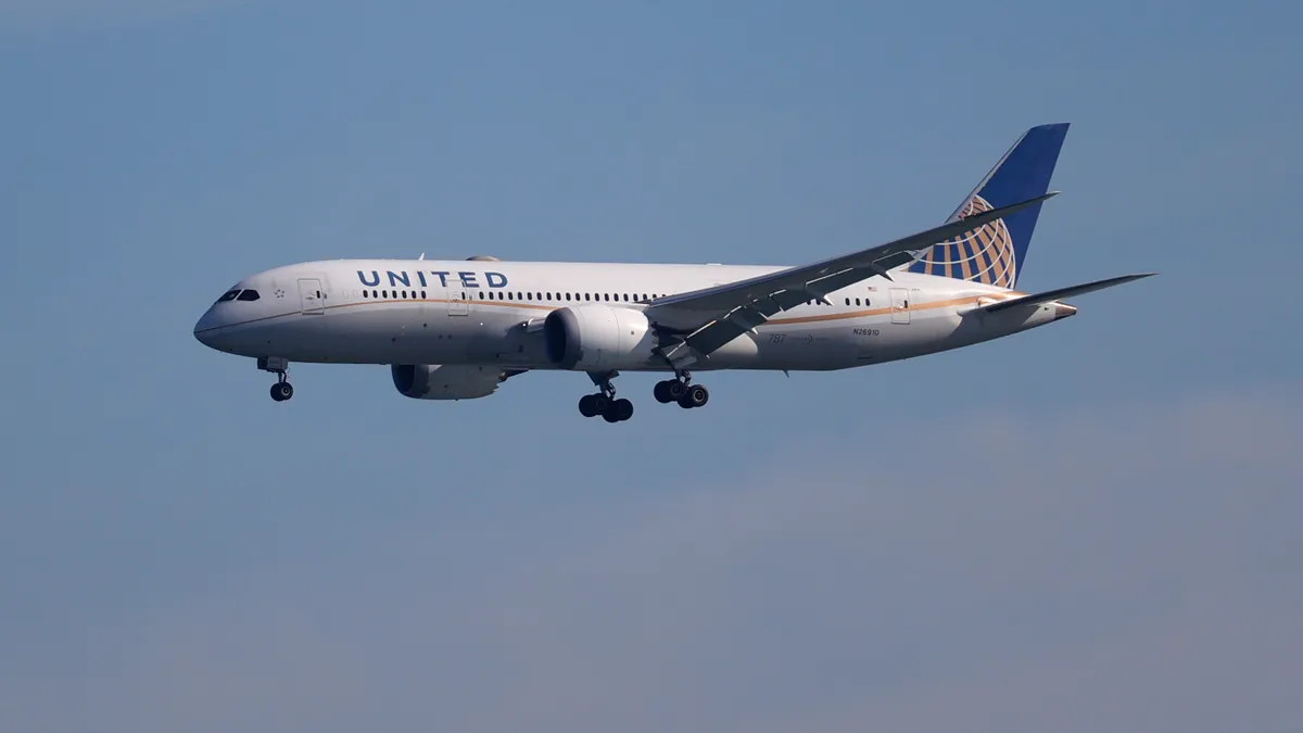 Plane flying with United Airlines branding