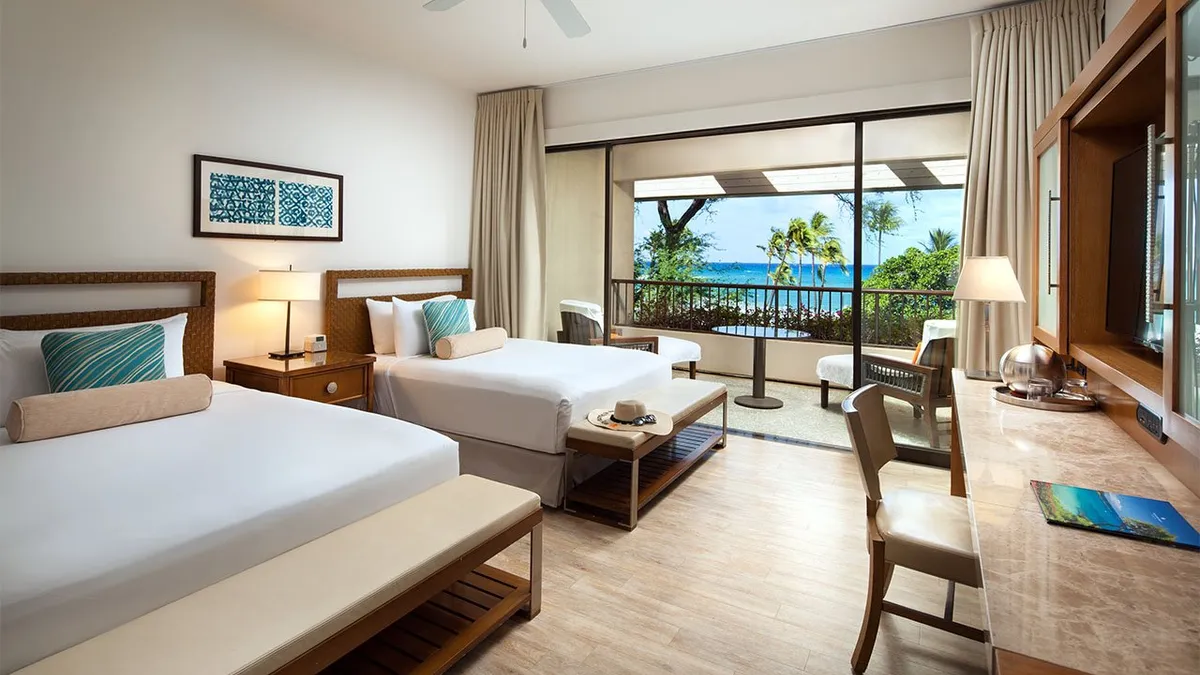 The inside of a hotel room at Hawaii’s Mauna Kea Beach Hotel.