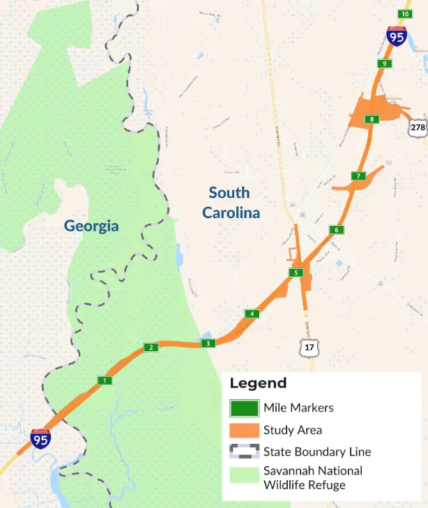 Map of the I-95 Improvements project area in South Carolina and Georgia.