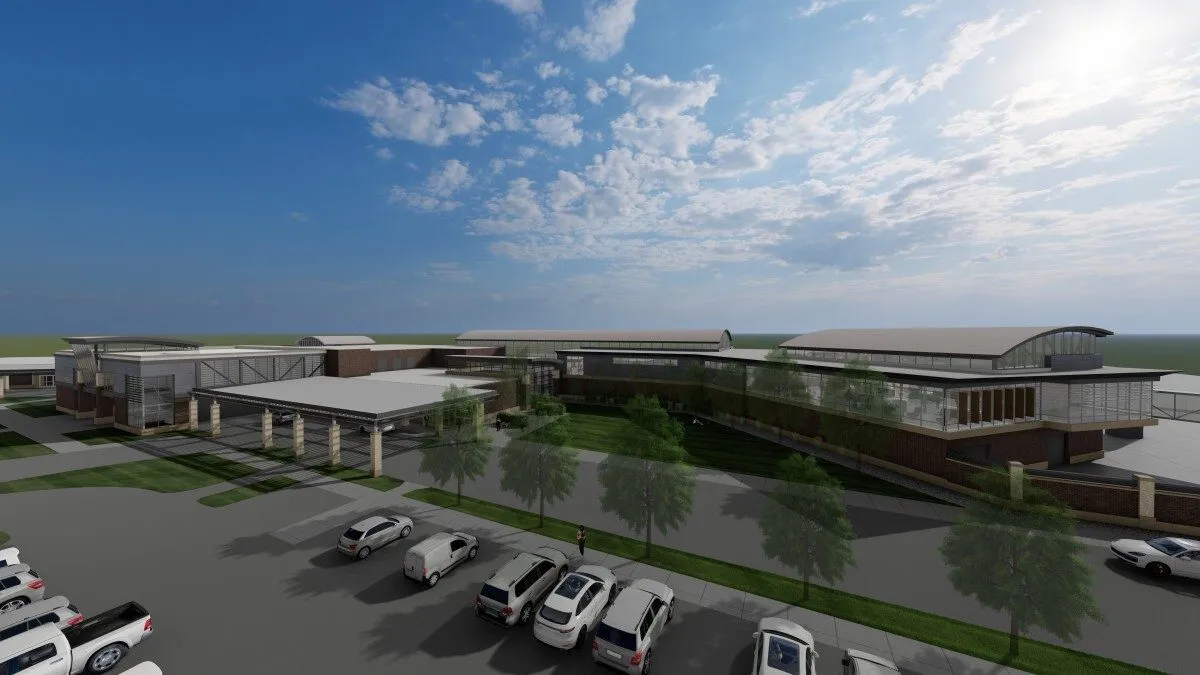 Graphic showing digital drawing of new airport building.