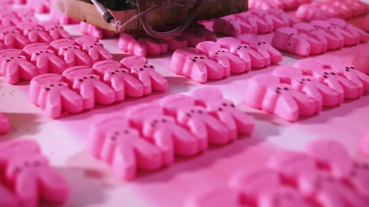 A still from a video showing how Peeps are made from Just Born.