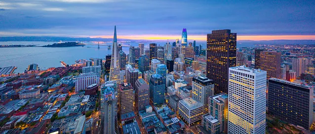 Aerial View of San Francisco Skyline at Sunrise, California, USA