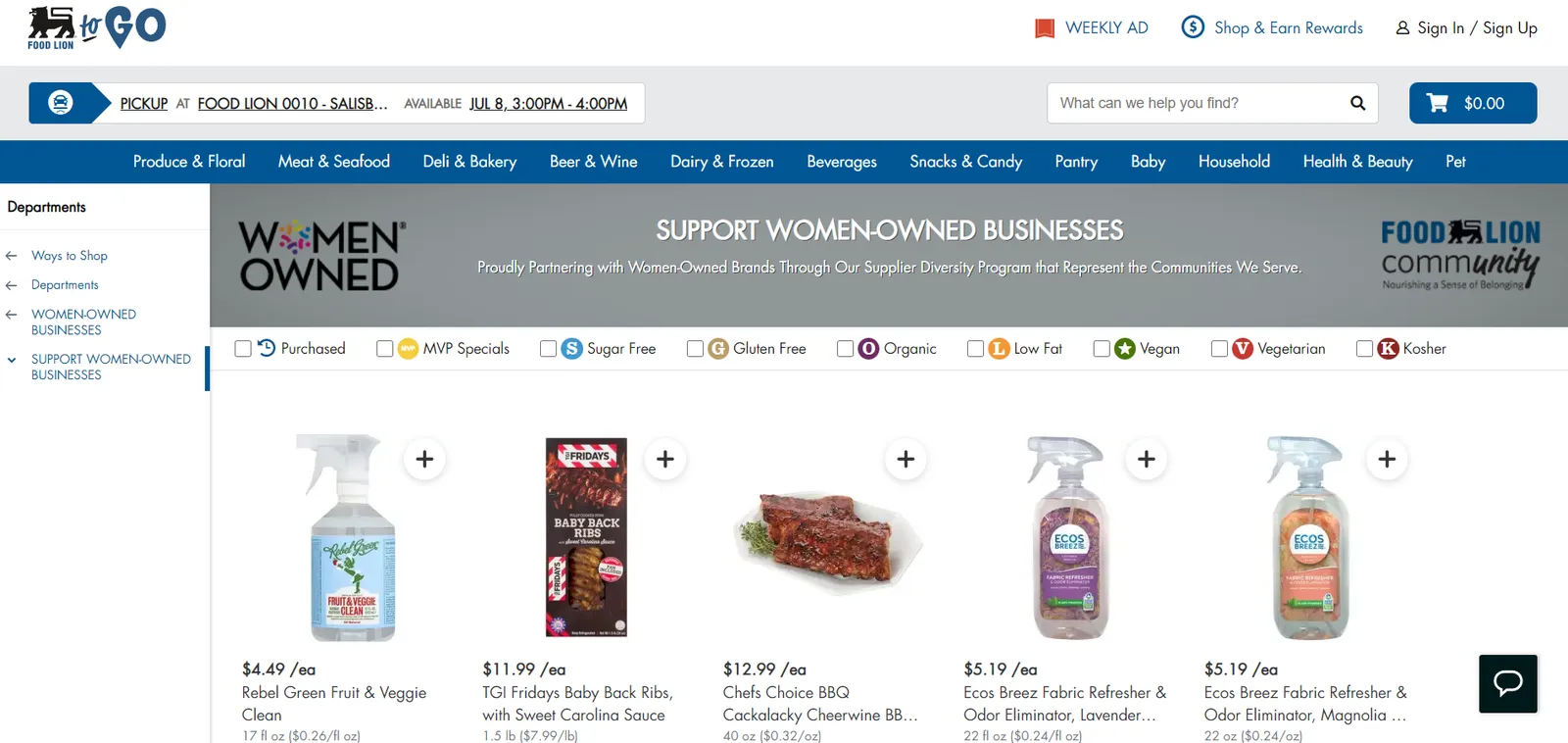 Screenshot of Food Lion's online grocery webpage showing products such as cleaners and meat below a banner that says "Support women-owned businesses."