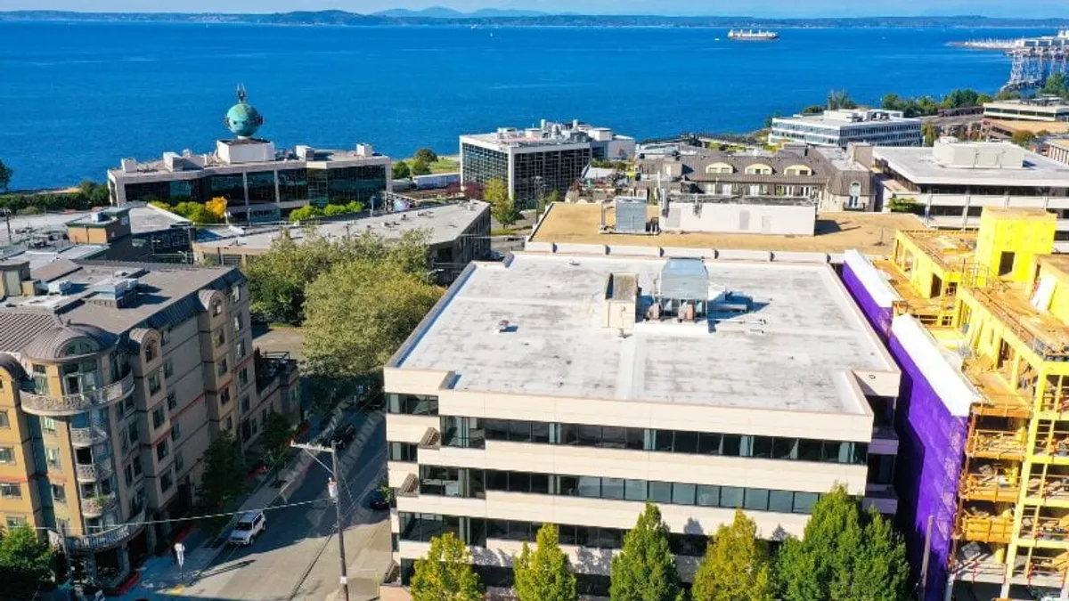 An overhead view of an office building.