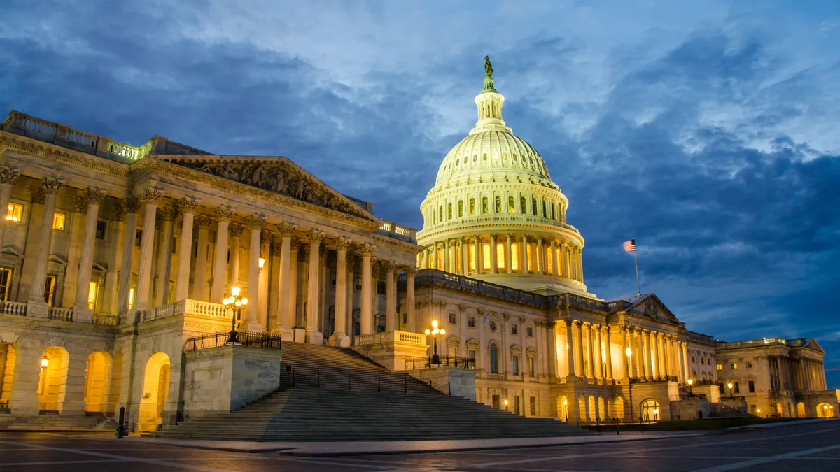 The U.S. Capitol building photographed at dusk from the front left.