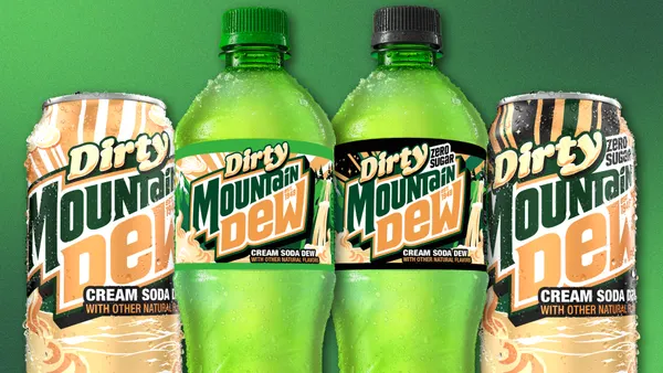 A product shot of two cans and two bottles of Dirty Mountain Dew.