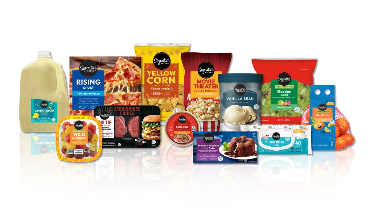 An assortment of a dozen grocery products under the Signature Select brand.