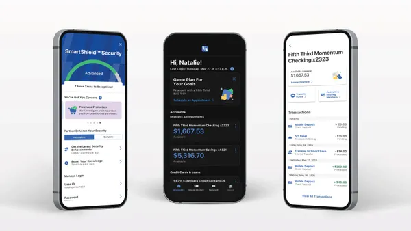 Three mobile phones display three different screens within Fifth Third Bank's mobile app.