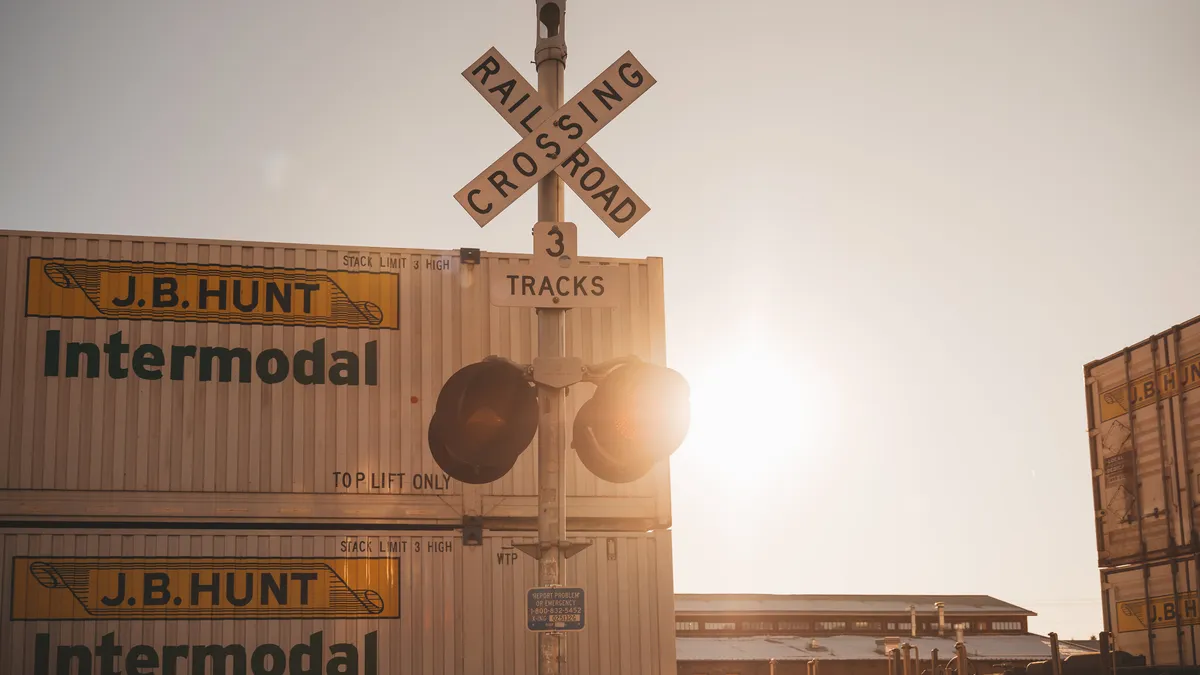 J.B. Hunt Intermodal freight transport shipping container train cars in Flagstaff, Arizona.