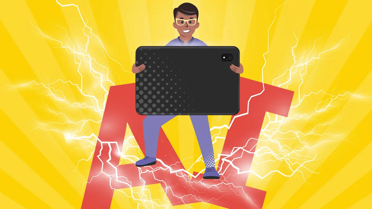 Graphic of person holding a tablet with the word "AI" in the background.
