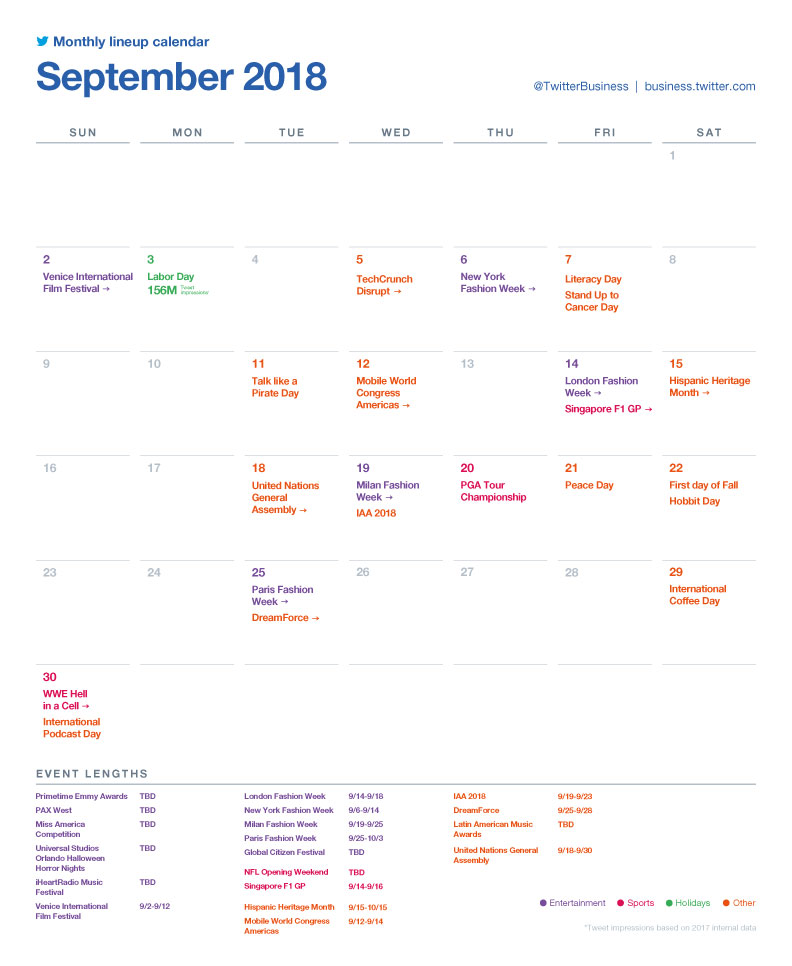 Twitter's major events calendar for September 2018