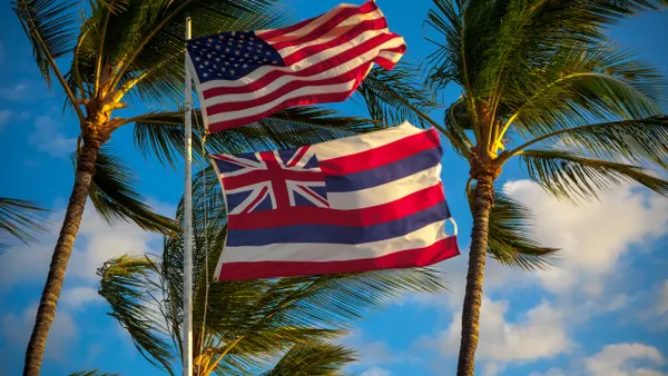 The American flag flies above the Hawaii state flag on a pole in front of palm trees.