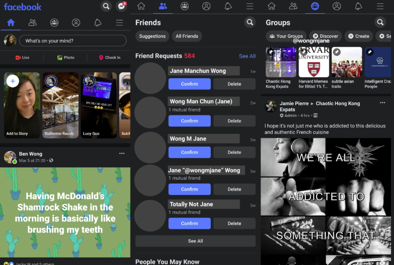 Facebook dark mode examples
