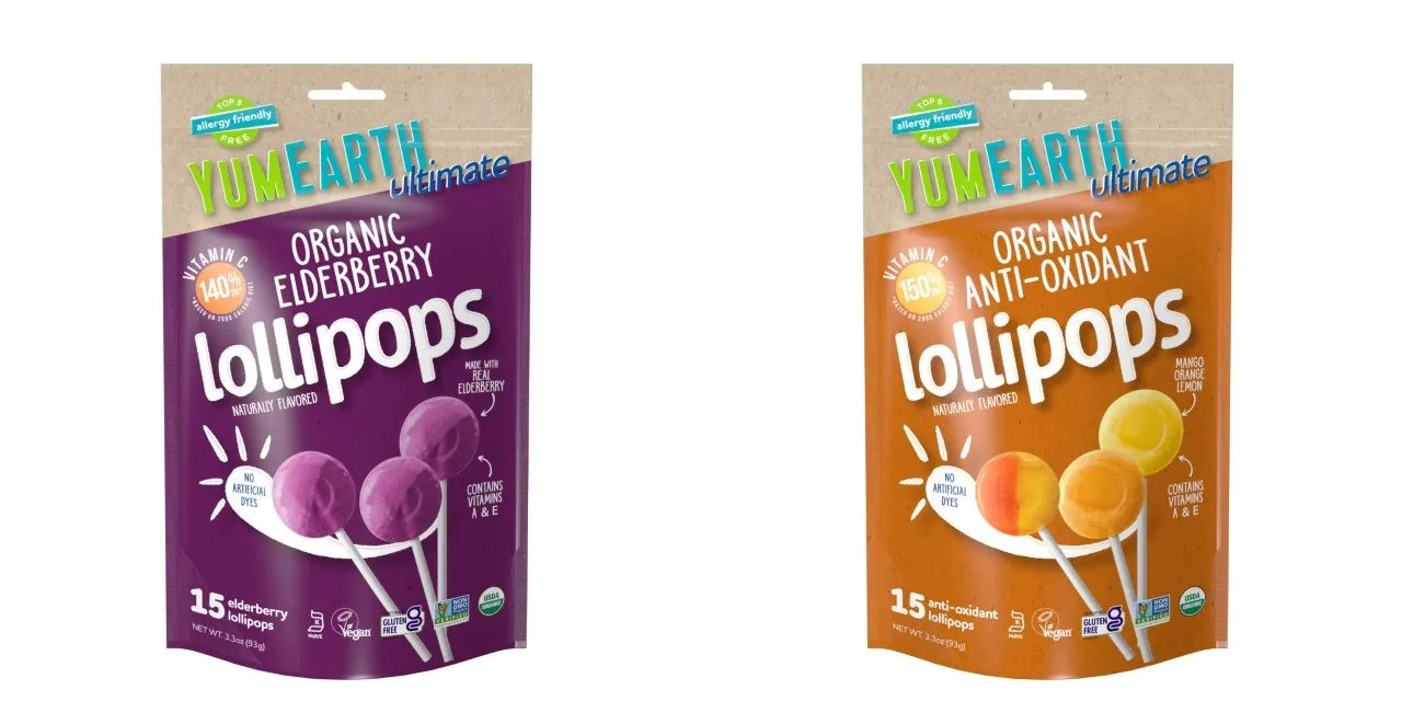 A purple package of elderberry lollipops and an orange package of antioxidant lollipops/