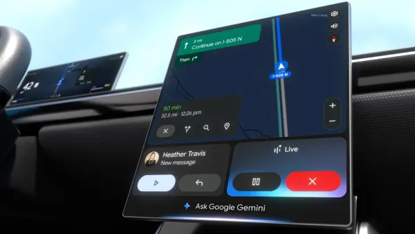 A vehicle infotainment screen showing the Android Auto driver interface with the AI-powered Gemini voice assistant built-in.