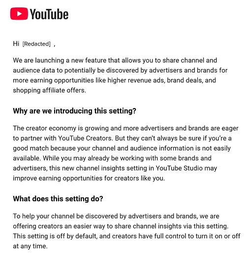 YouTube creator insights letter