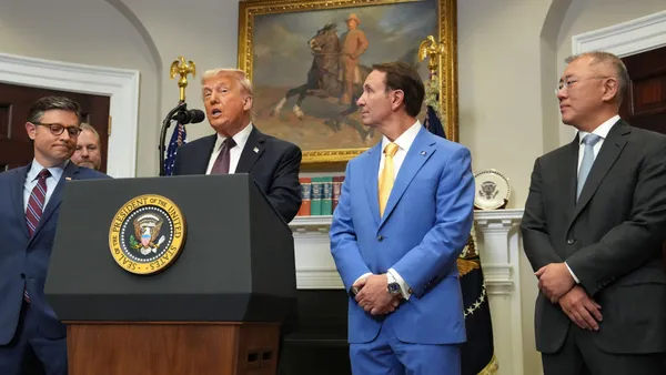 President Donald Trump speaks with Hyundai Chairman Euisun Chung, right,, Louisiana Governor Jeff Landry, center and House Speaker Mike Johnson, left, in the Roosevelt Room of the White House on March 24.