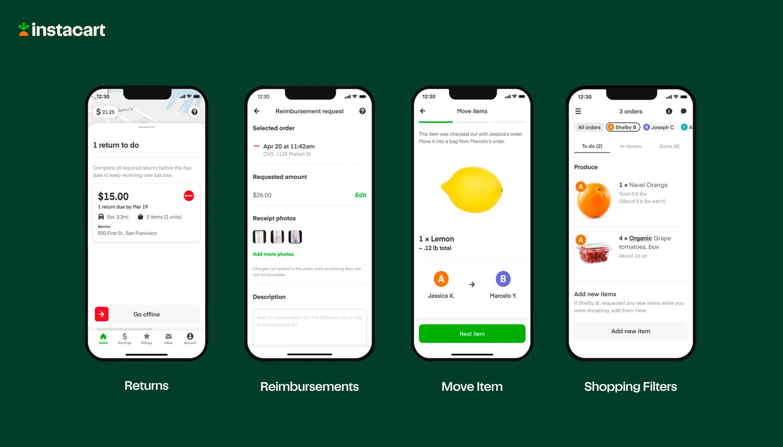 Four screenshots of the Instacart app against a green backdrop.