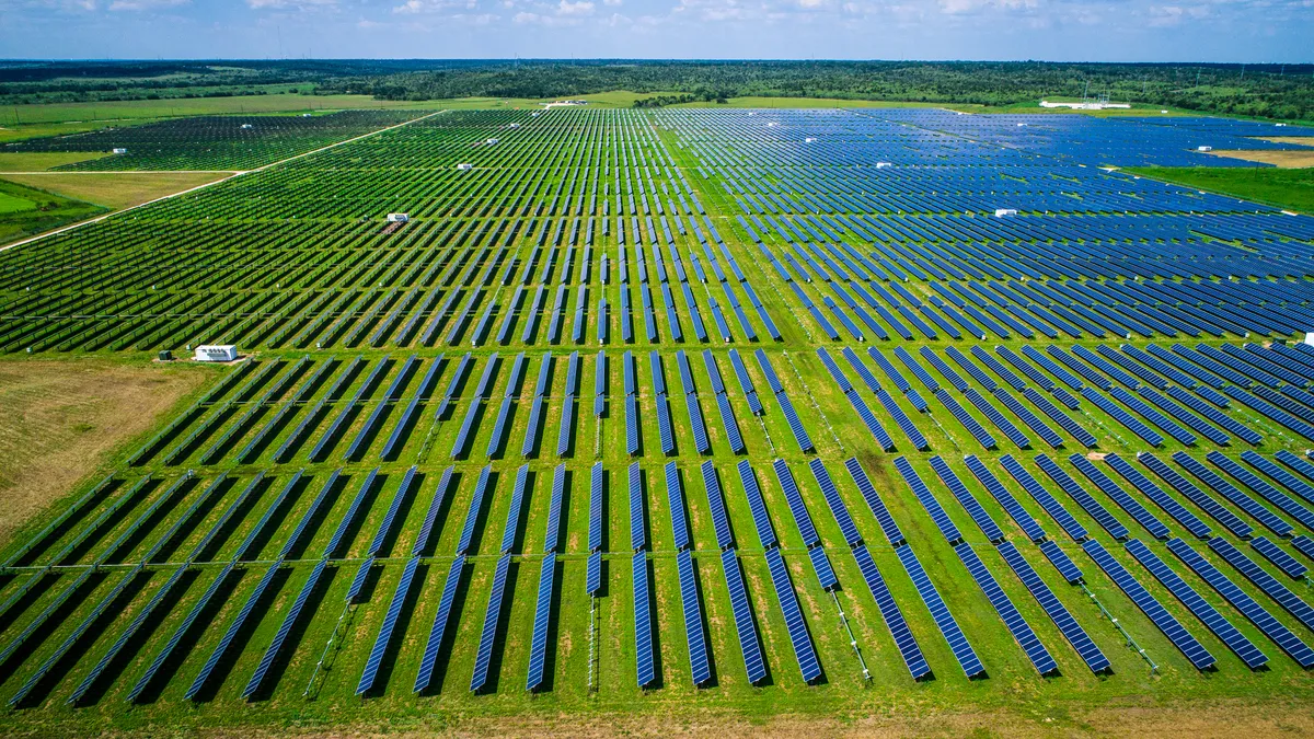 Looking down on rows of solar panels in a green field.