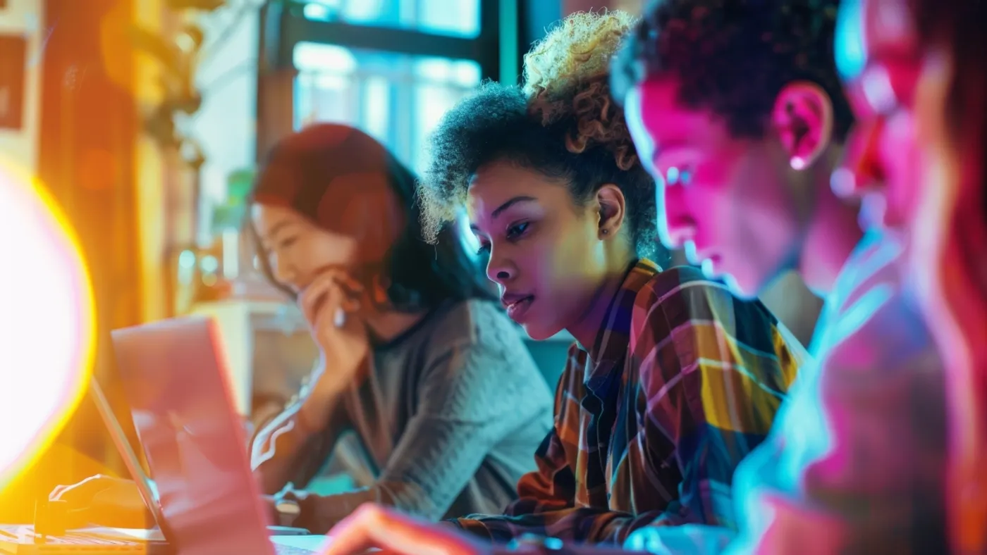 A group of people on their laptops in a public space.