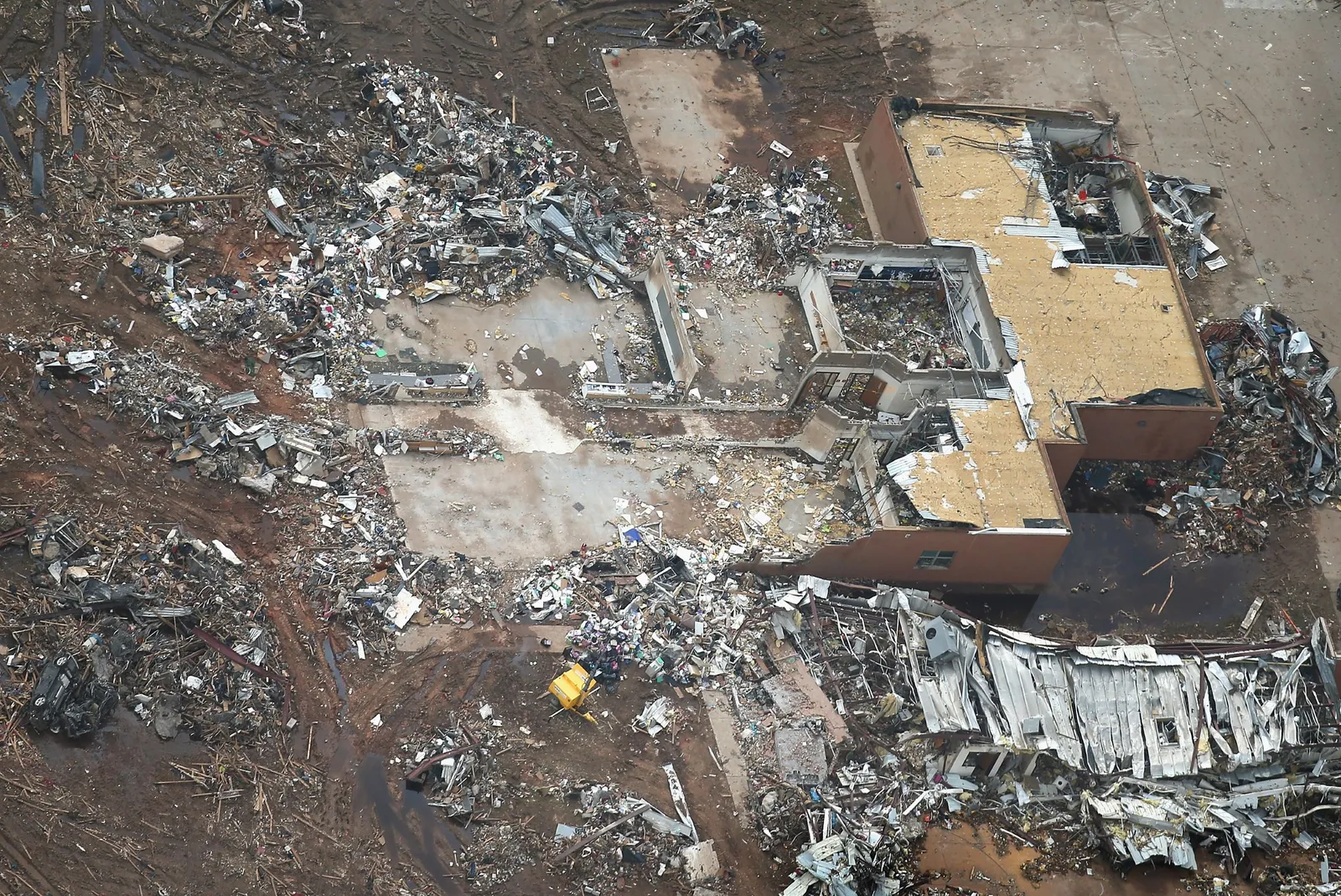 An aerial view of the remnants of Plaza Towers Elementary School following a lethal tornado that destroyed the building.