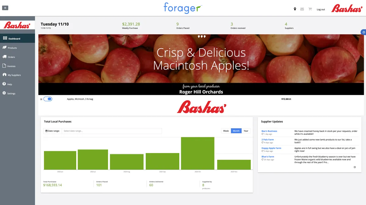 Image of Forager online dashboard showing Bashas' logo