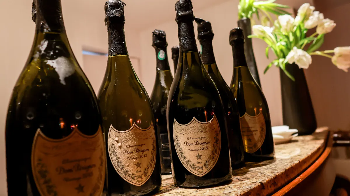 Bottles of champagne displayed at a party during the Cannes Film Festival on May 23, 2023, in Cap d'Antibes, France.