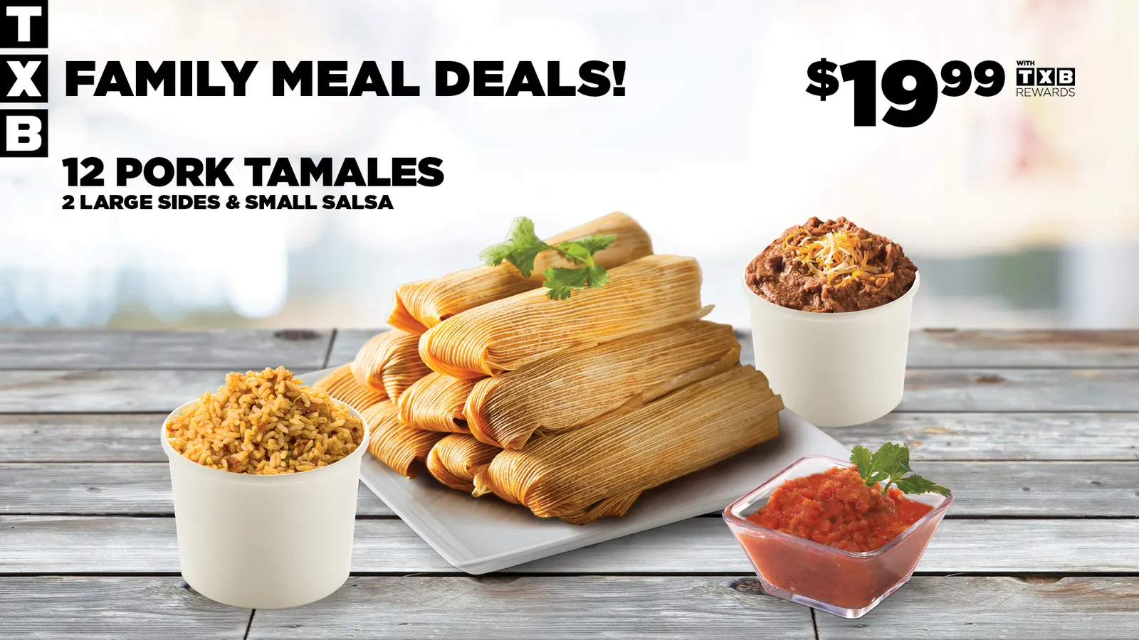 A promotional image of TXB tamales family meal.