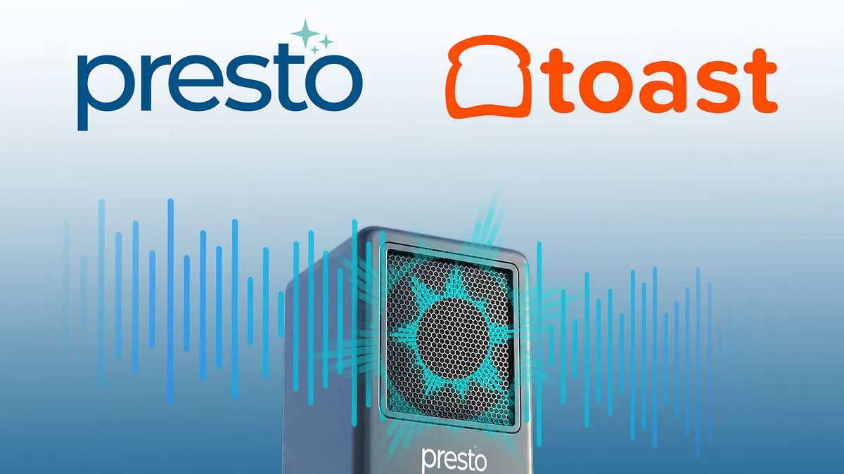 An image of a speaker box on a blue background. The words "Toast" and "Presto" hover over the box.