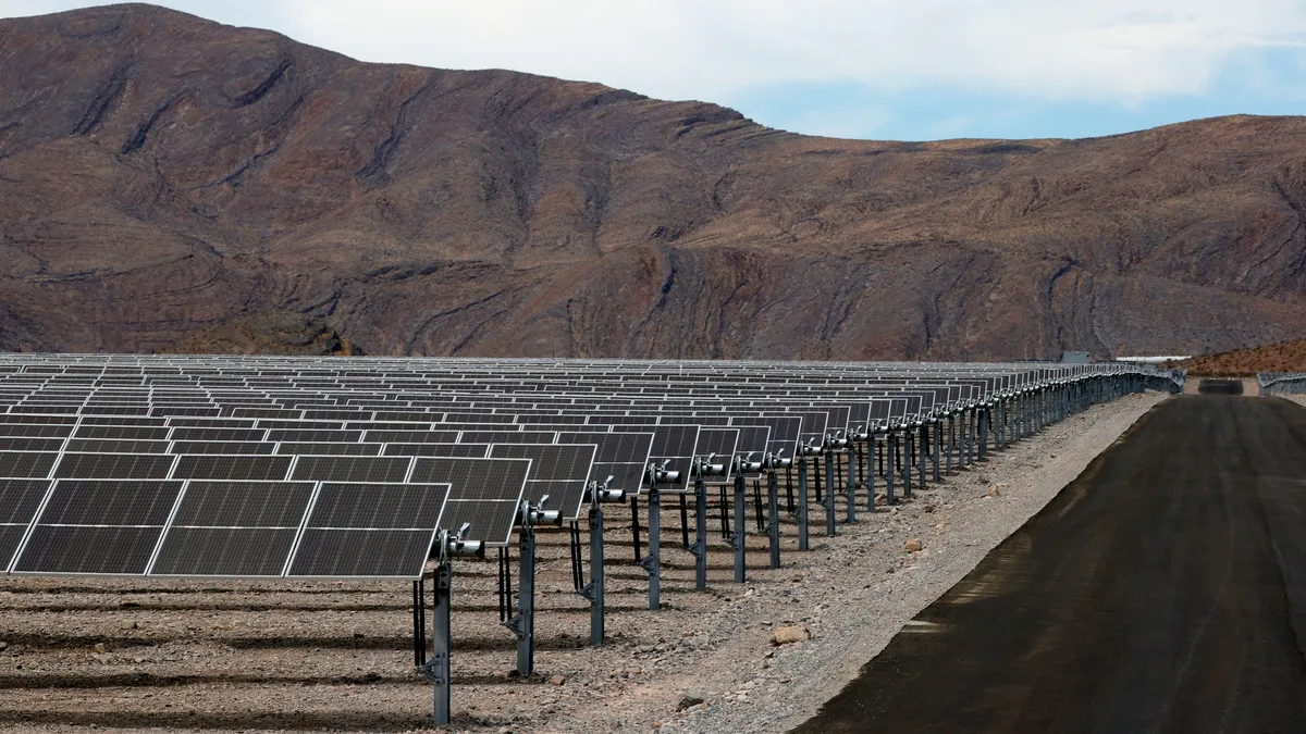 The 100-megawatt MGM Resorts Mega Solar Array sits on 640 acres of desert about 30 miles north of the Las Vegas Strip.