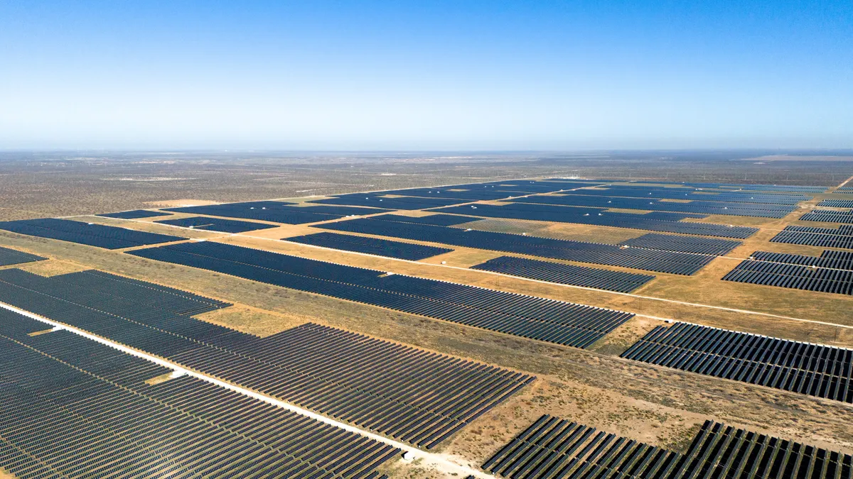 An aerial view of a solar farm.