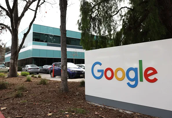 A sign is posted in front of an office at Google headquarters on February 02, 2023 in Mountain View, California