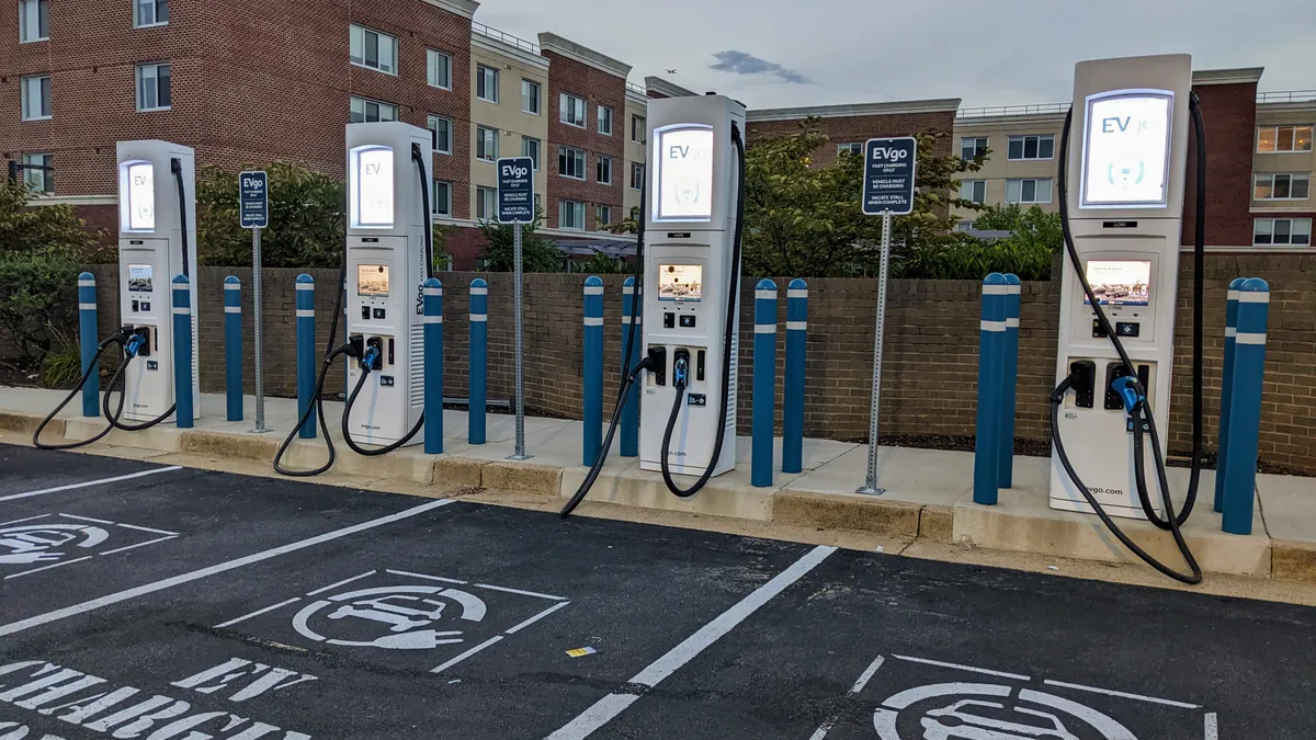 Four EVgo charging stations in a parking lot