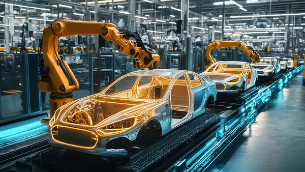 Car manufacturing plant. Image is AI generated.