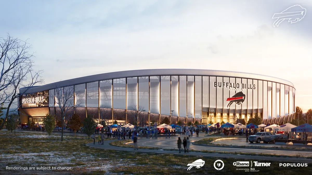 A rendering of a large stadium with a reflective exterior.