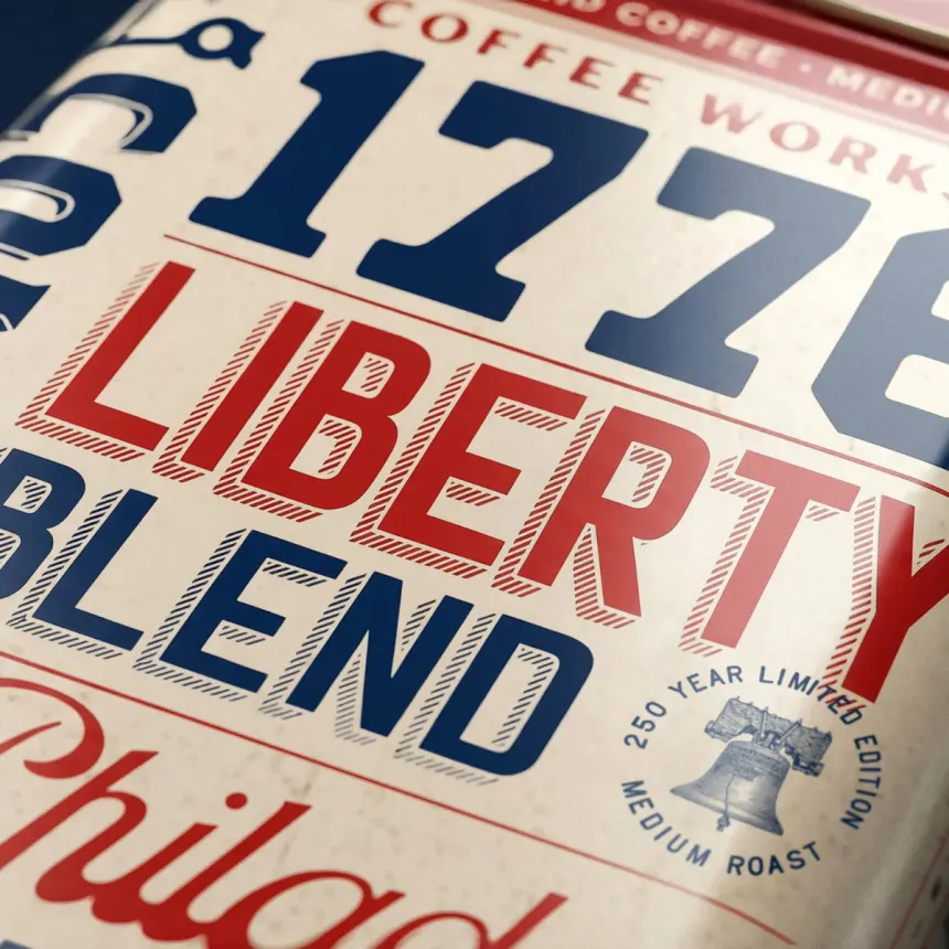 A closeup of the La Colombe liberty blend container.