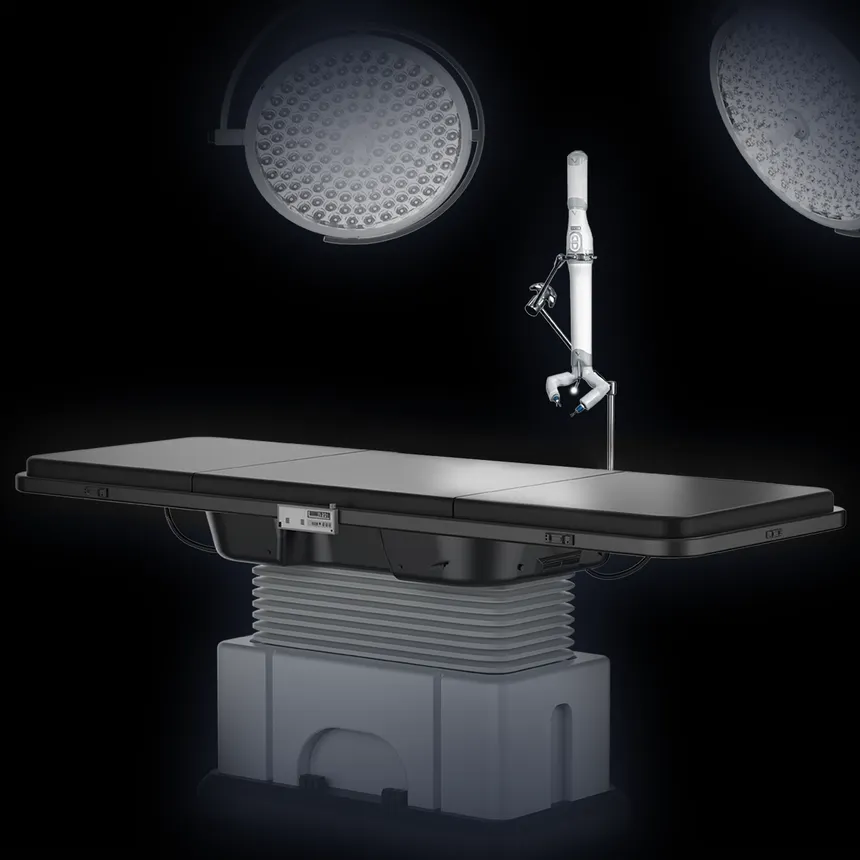 Virtual Incision&#x27;s Mira robotic-assisted surgical system next to an operating table.