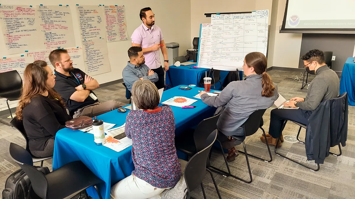 People sit with laptops, pens and paper around a table in a room. On the walls are posters with words written on them in different colored markers.