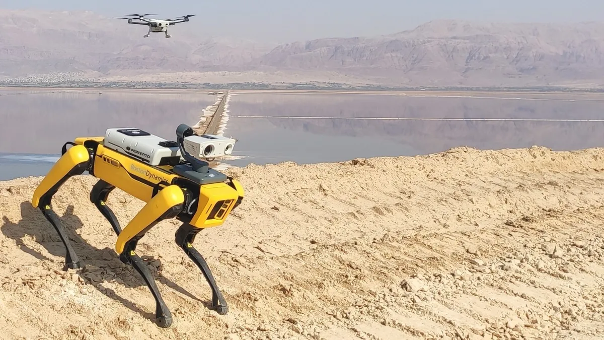 Percepto's Sparrow drone integrates with Boston Dynamics' Spot robot for autonomous site monitoring.