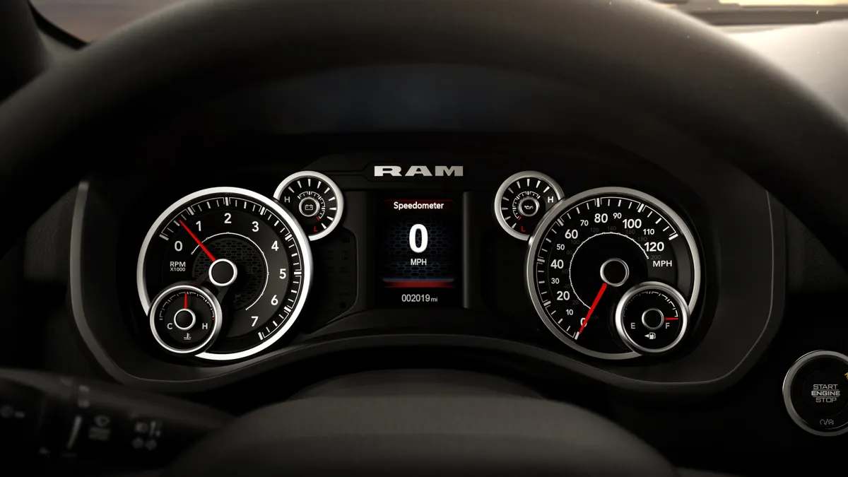The digital instrument cluster in 2025 Ram 1500 Tradesman pickup.